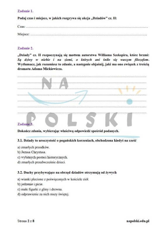 Dziady cz. II - sprawdzian ze znajomości lektury | Na Polski